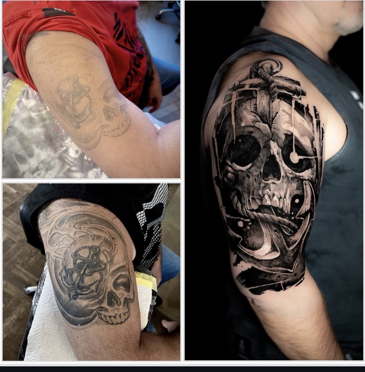 Cover-up czaszki z kotwicą: stary tatuaż i nowy cover